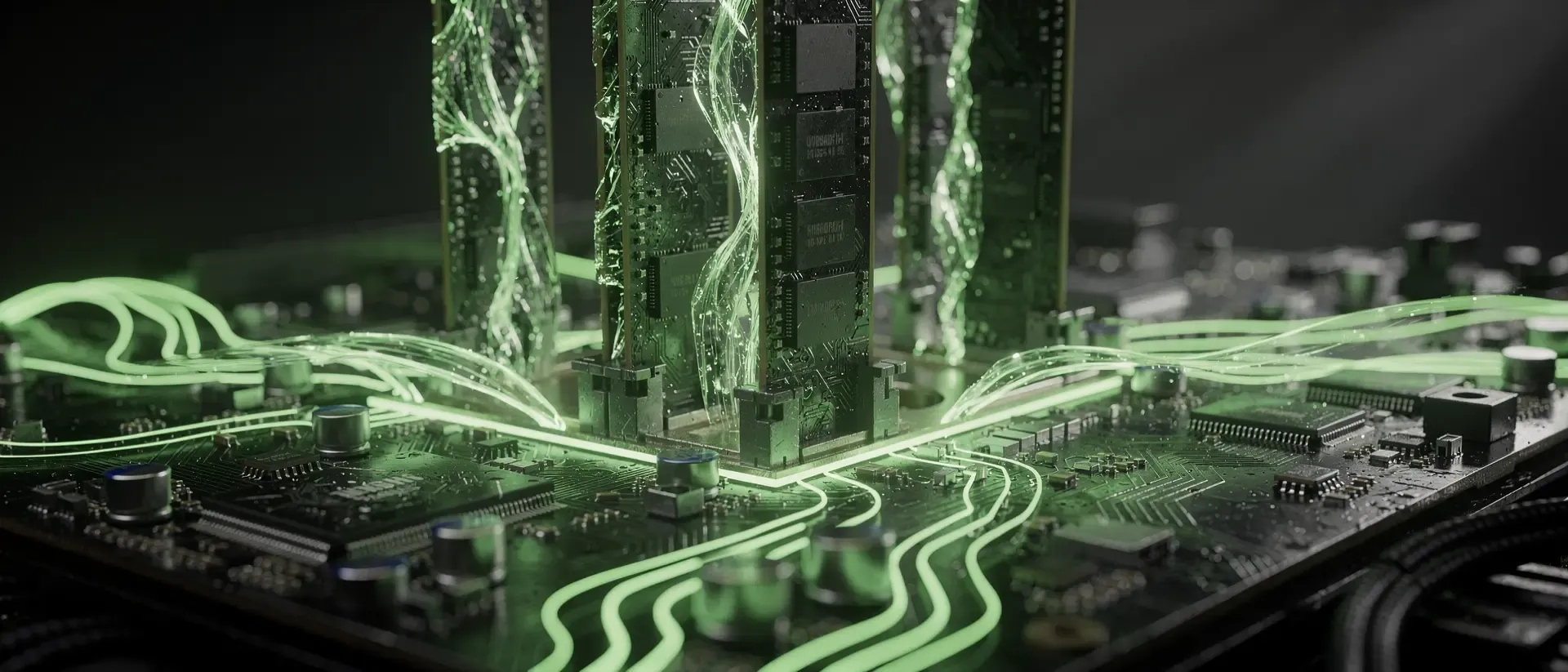 Nahaufnahme einer futuristischen Cyberpunk-Platine mit pulsierenden, neongrünen Lichtströmen, die den schnellen Datenfluss auf schwarzem Hintergrund zeigen.