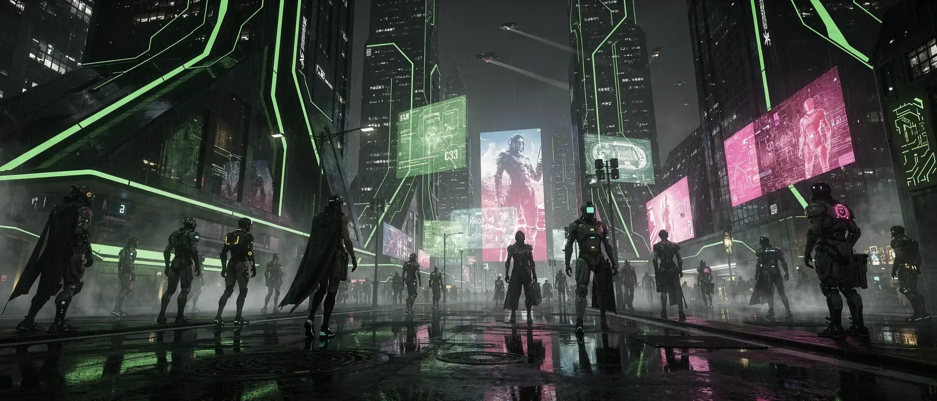 Eine weite, cineastische Cyberpunk-Metropole bei Nacht mit neon-grünen Akzenten, futuristischer Architektur, regennassen Straßen und Nebel.
