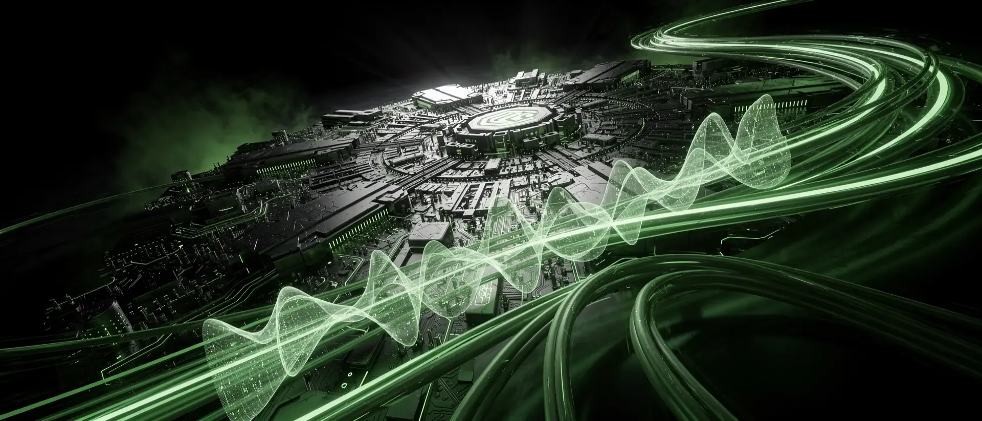 Futuristische Cyberpunk-Visualisierung von Datenströmen aus neon-grüner Energie, die durch komplexe Schaltkreise und Glasfaserkabel rasen.