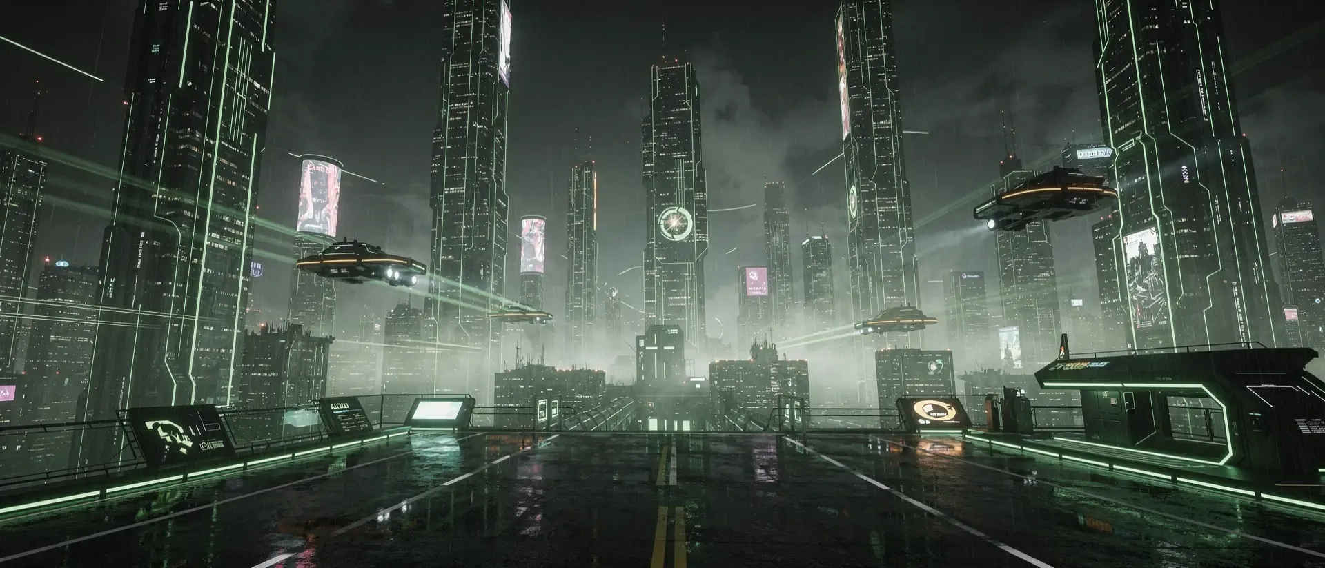 Eine cineastische Cyberpunk-Metropole bei Nacht mit leuchtend neongrünen Akzenten, Regenspiegelungen auf den Straßen und futuristischen Hovercrafts.