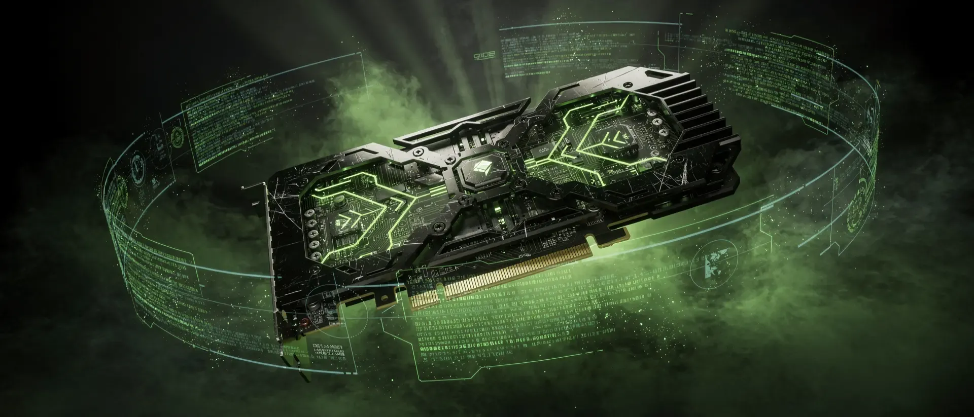 Futuristische High-Tech-GPU mit leuchtend neongrüner Schaltkreisästhetik, die in einem dunklen Cyberpunk-Vakuum zwischen holografischen Datenströmen schwebt.