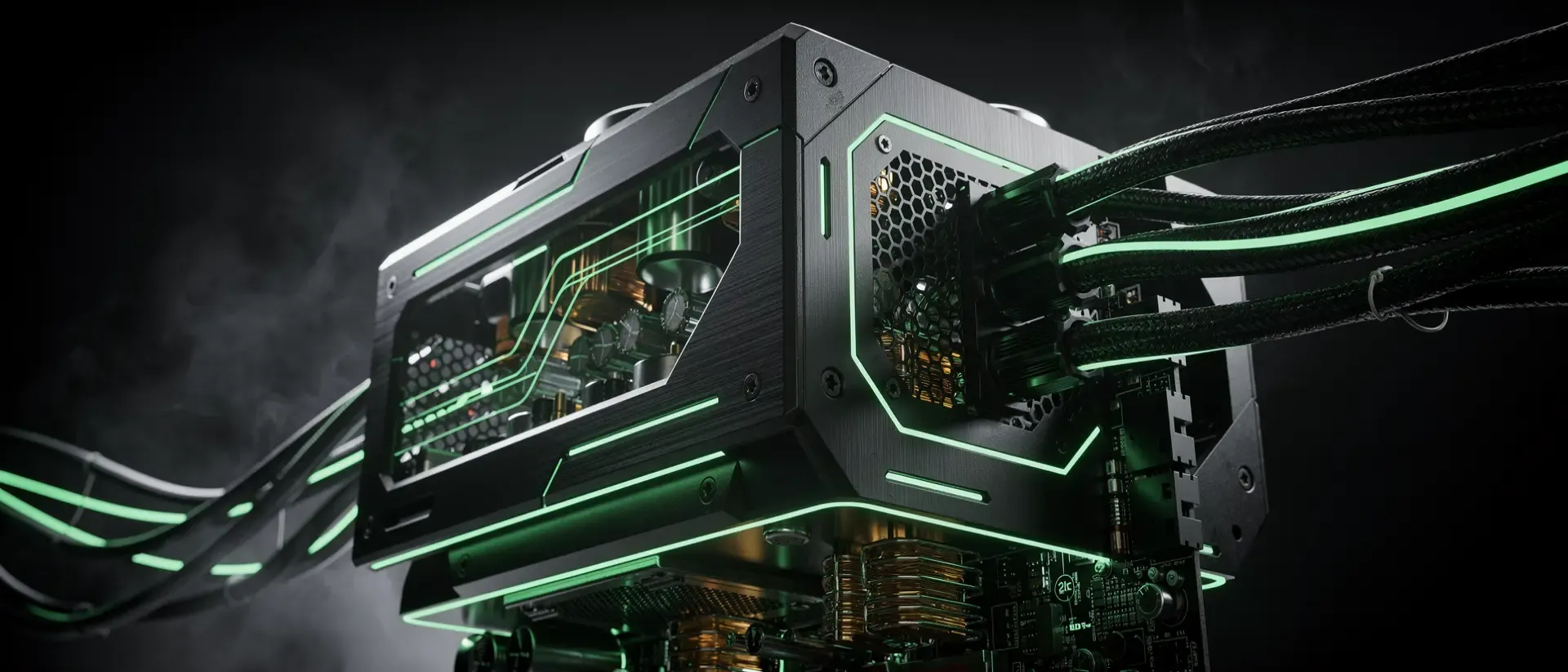 Nahaufnahme eines futuristischen Cyberpunk-Netzteils aus mattem schwarzem Metall mit pulsierenden, neongrünen Energieleitungen in dunkler Atmosphäre.