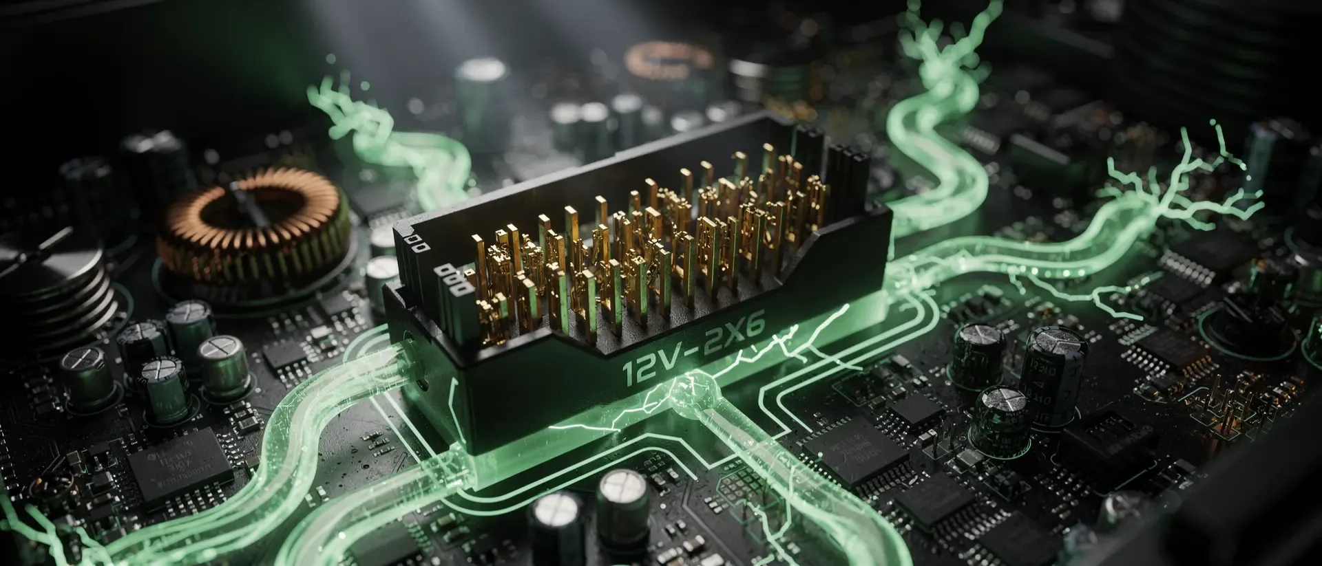 Makroaufnahme eines futuristischen Netzteils mit einem leuchtenden 12V-2x6-Stecker und neon-grünen Energieimpulsen auf schwarzem Hintergrund.