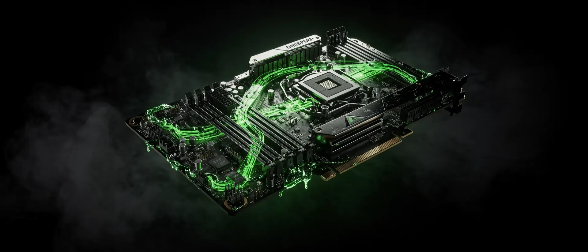 Eine ultrawide Szene zeigt ein schwebendes GPU‑Mainboard in einem dunklen Cyberpunk‑Labor, neongrün leuchtend, mit Datenströmen und Reflexionen.