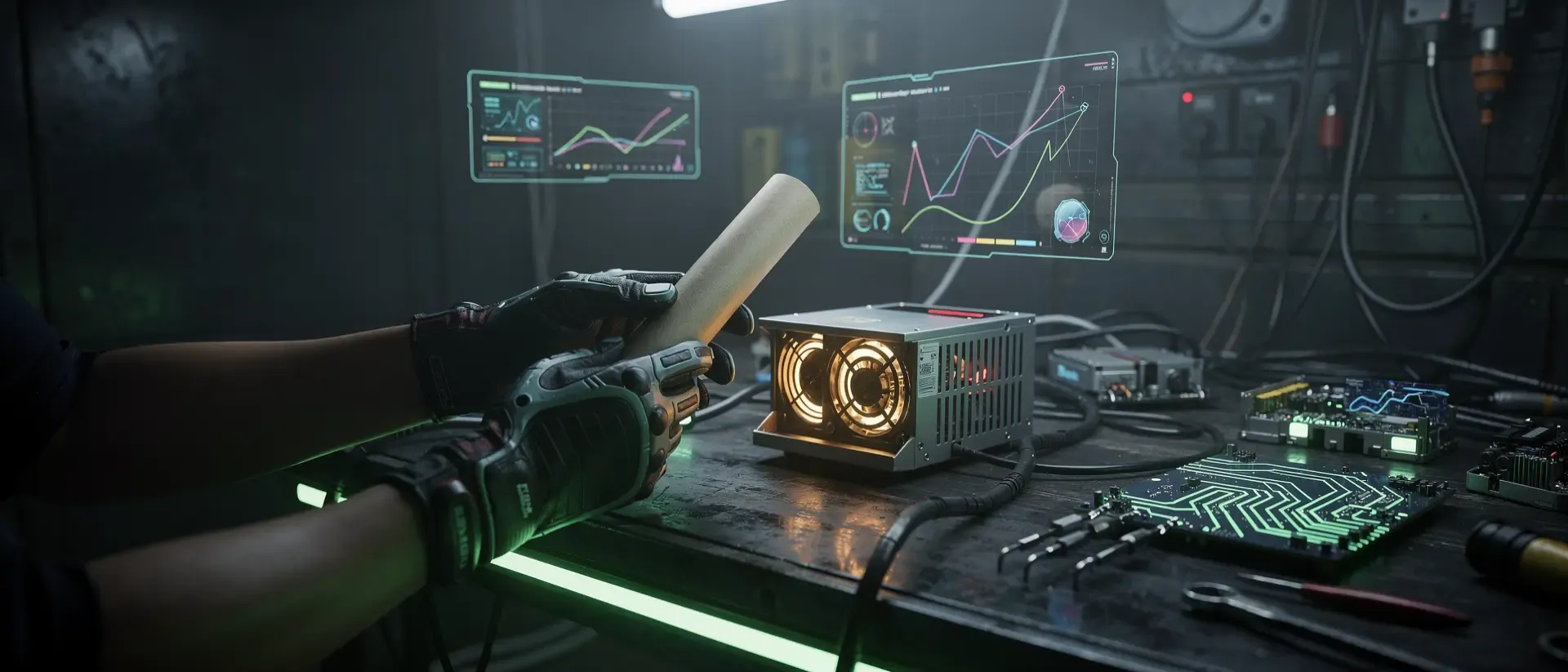 Ein futuristisches Cyberpunk-Labor mit einem neon-grün leuchtenden High-End-Gaming-PC vor dunklem Hintergrund und holografischen Energieeffekten.