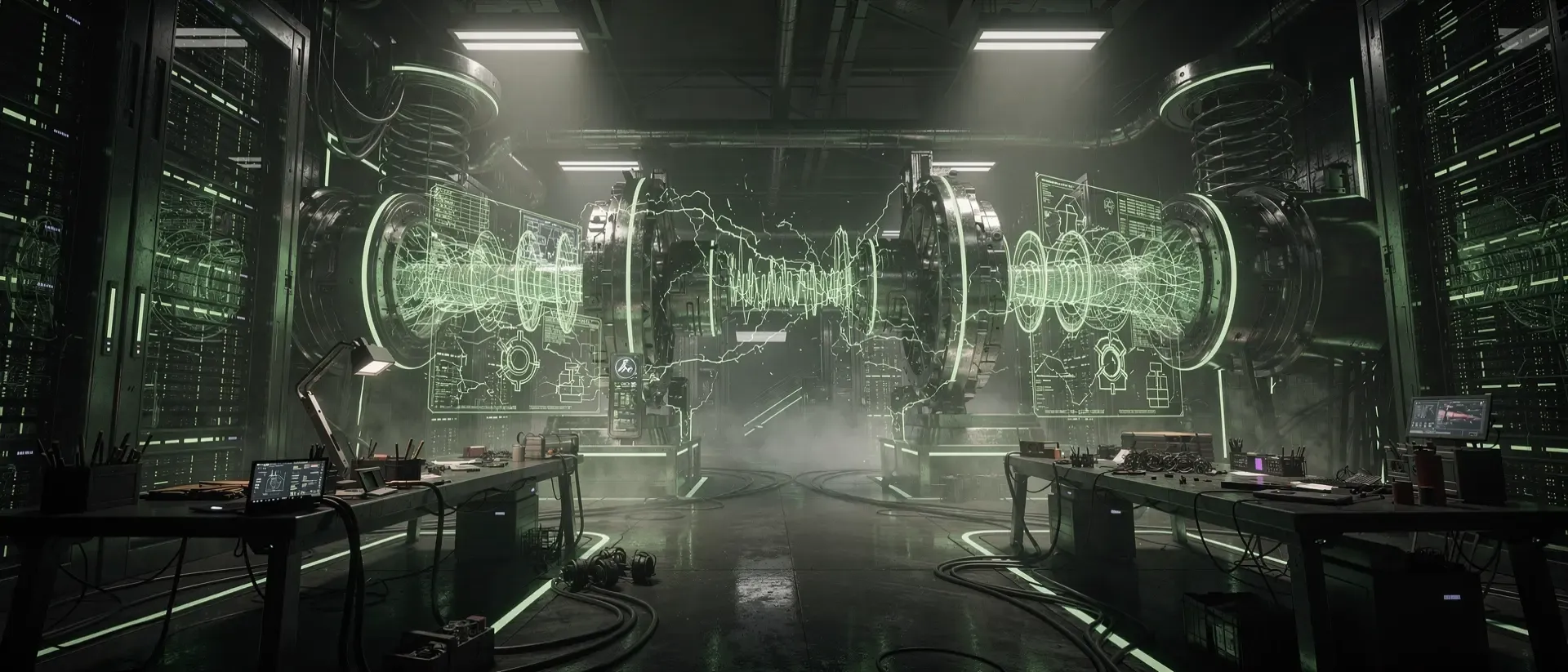 Eine cineastische Cyberpunk-Nachtszene mit neon-grünen Akzenten, fliegenden Fahrzeugen und regennassen, reflektierenden Straßen in einer futuristischen Stadt.
