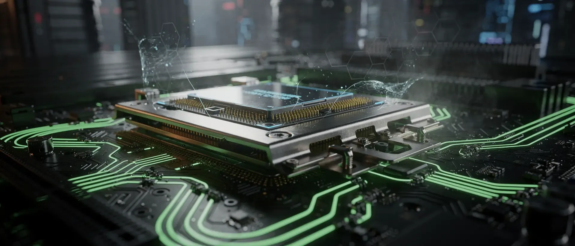 Makroaufnahme eines futuristischen Cyberpunk-Mainboards mit leuchtend neongrünen Stromimpulsen und einem detaillierten CPU-Sockel in düsterer Ästhetik.