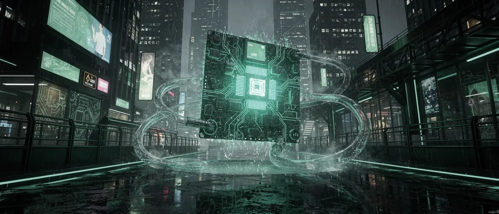 Ein futuristischer, schwebender Prozessor mit blaugrünen Kühlmittelschläuchen in einer dunklen Cyberpunk-Metropole mit neon-grünen Akzenten.
