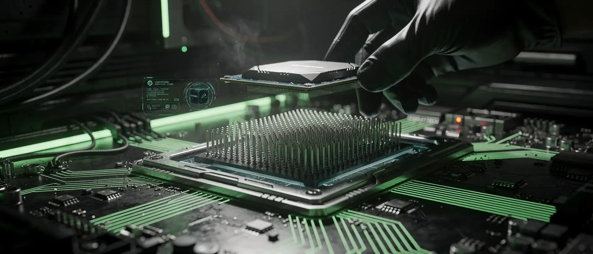 Nahaufnahme einer präzisen Installation eines futuristischen Mainboard-Sockels in einem dunklen Cyberpunk-Interieur mit neongrünen Akzenten.