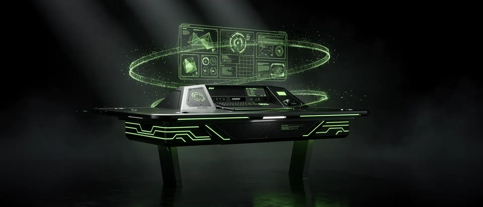 Futuristische Cyberpunk-Arbeitsstation in einem dunklen Raum mit leuchtend neongrünen Hologrammen, digitalen Datenströmen und glänzenden Details.