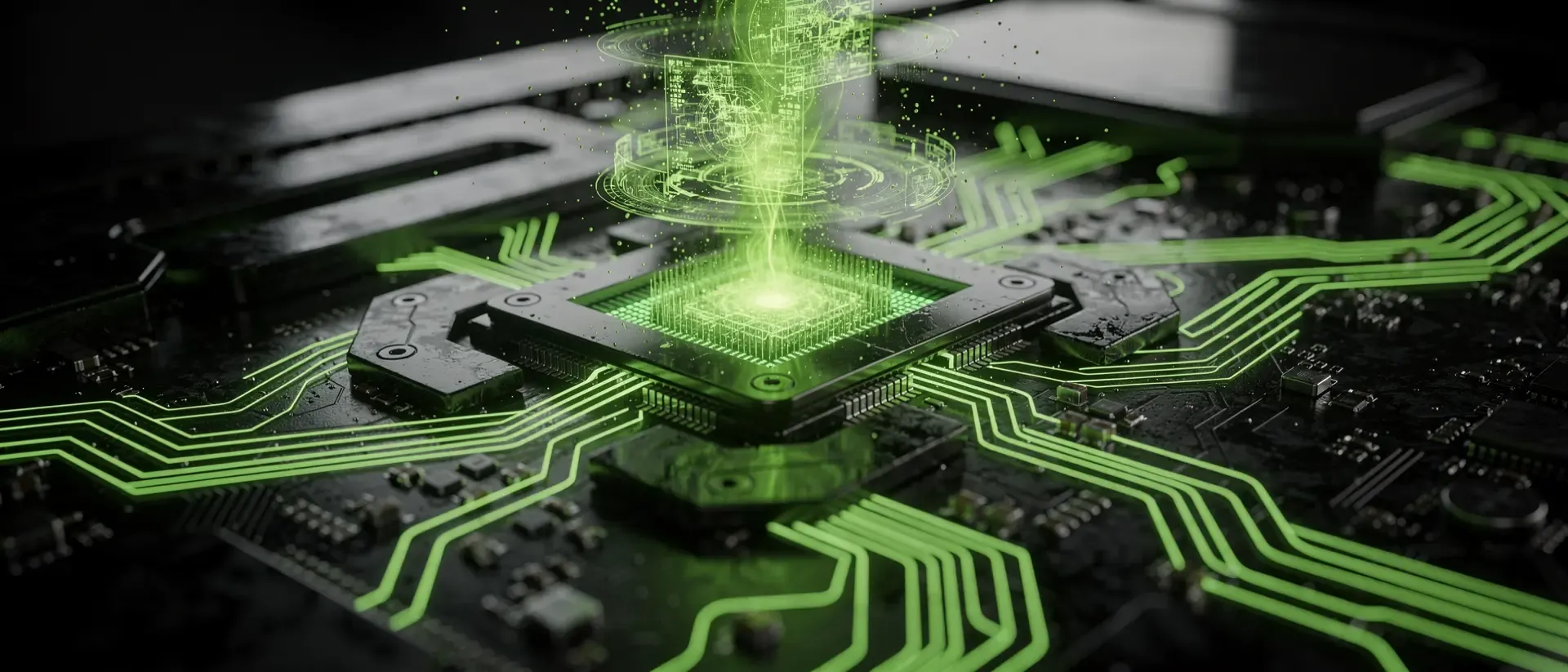 Makroaufnahme einer futuristischen Cyberpunk-GPU mit glühenden neongrünen Energielinien und einem leuchtenden zentralen Mikroprozessor auf dunklem Obsidian.