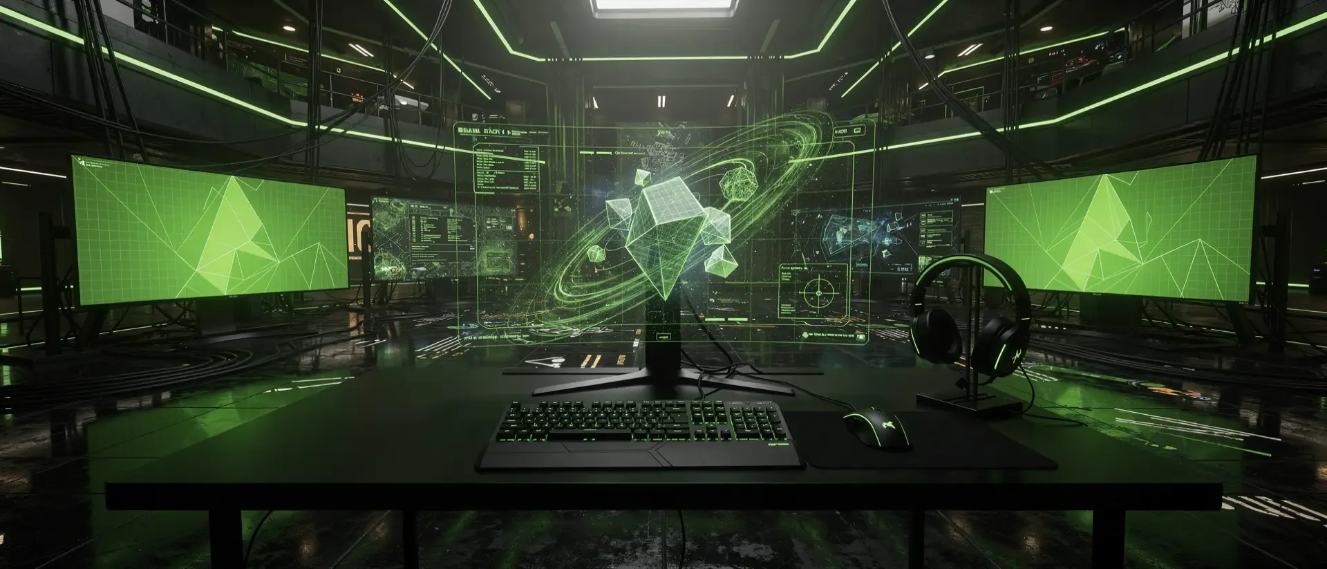 Cyberpunk-Gaming-Zentrale in Dunkelheit mit leuchtend neongrünen Hologrammen, geometrischen HUD-Elementen und futuristischem Hardware-Setup.
