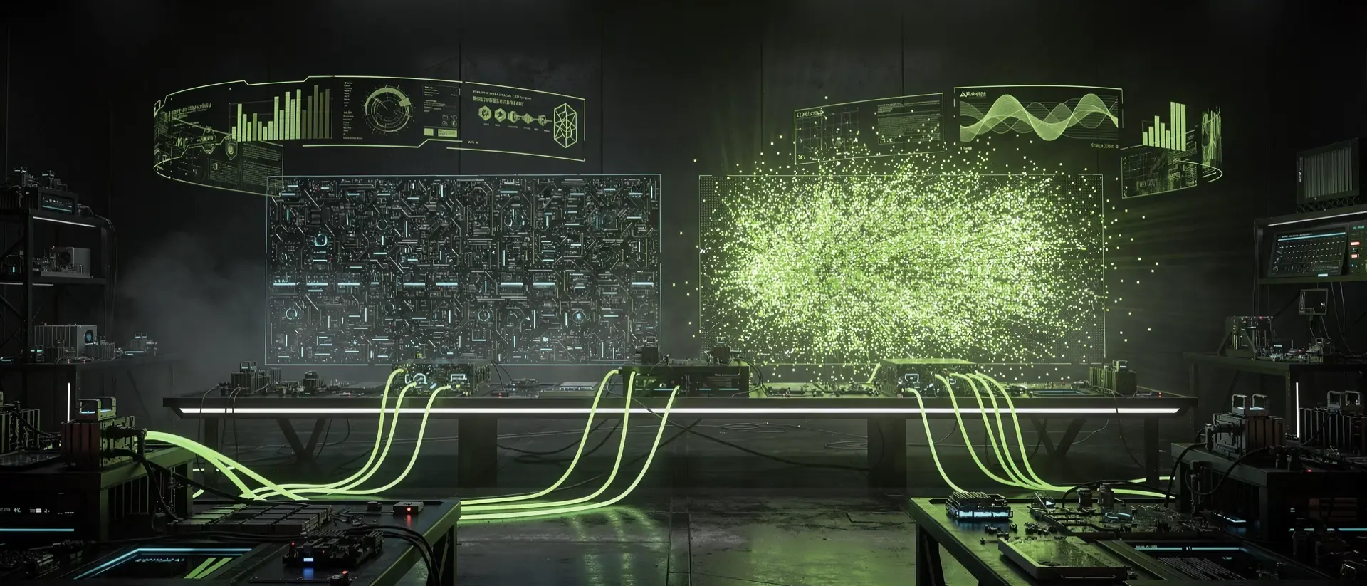 Futuristische Cyberpunk-Laborlandschaft mit kontrastierenden Displays: ein starres Gitter aus Schaltkreisen gegenüber einem Ausbruch neongrüner OLED-Pixel.