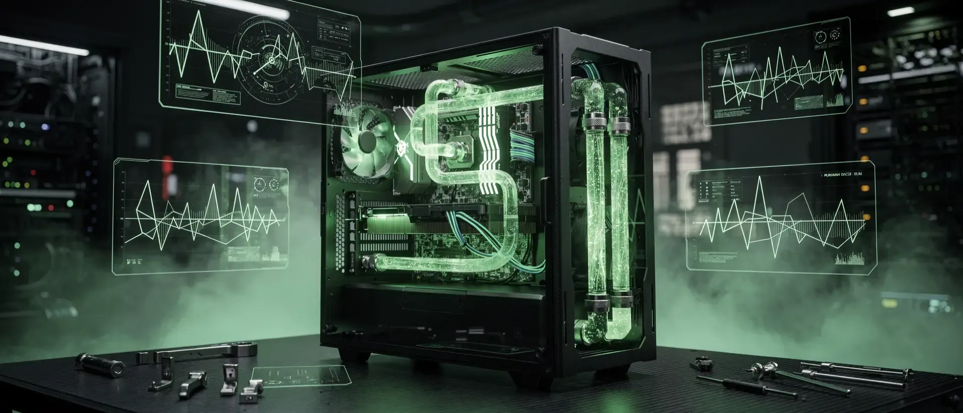 Futuristische Cyberpunk-Hardware-Laborumgebung mit einem wassergekühlten Gaming-PC in einem Gehäuse mit leuchtend grünem Kühlmittel und Hologrammen.