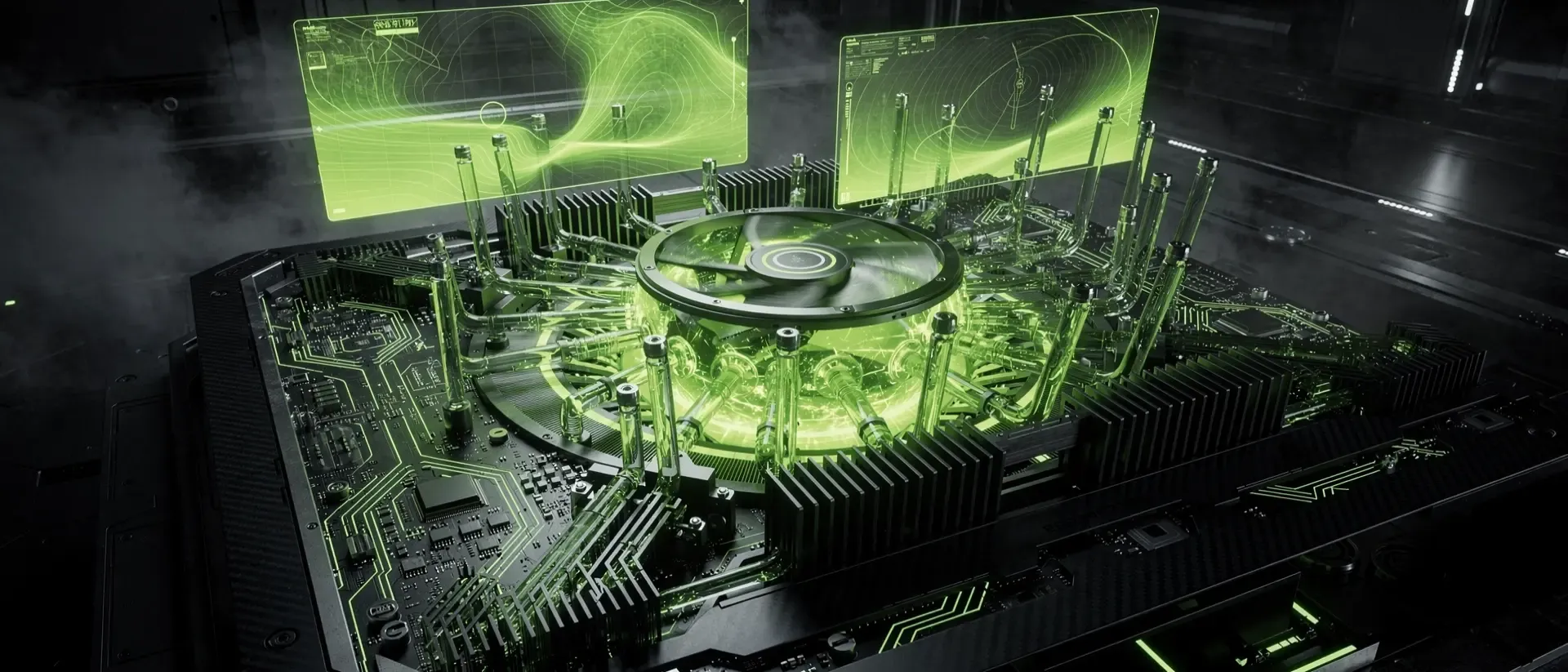 Cinematische Nahaufnahme eines futuristischen Cyberpunk-Computer-Innenlebens mit neongrün leuchtender Flüssigkühlung und holografischen Wärmekarten.