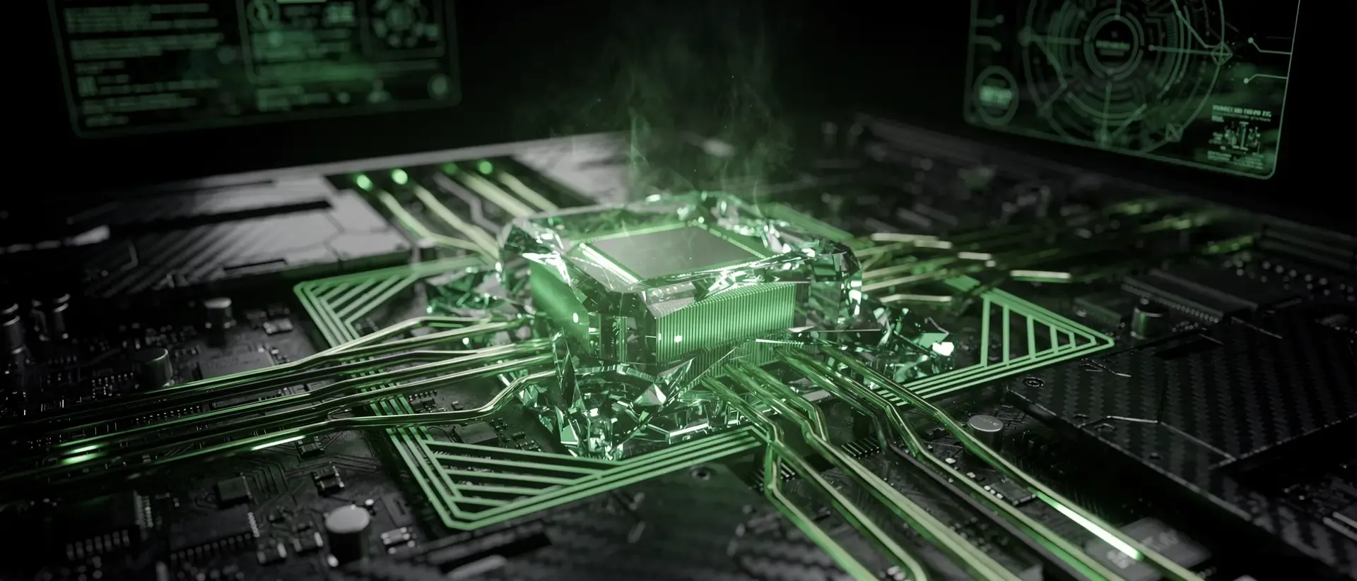 Nahaufnahme eines futuristischen Cyberpunk-Prozessors mit leuchtend neongrüner Flüssigkeitskühlung und holografischen Datenfeldern auf dunklem Carbon.