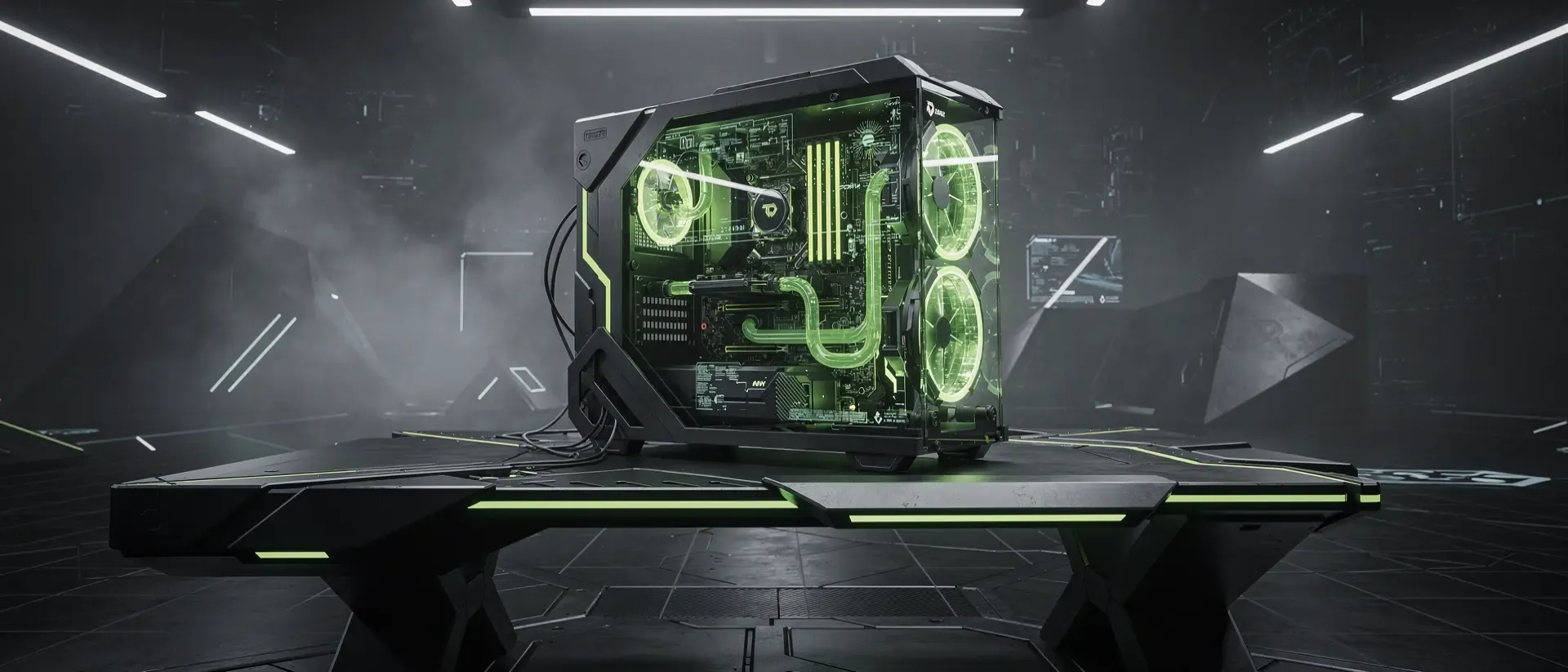 Futuristisches Cyberpunk-Command-Center mit einem High-End-Gaming-Arbeitsplatz, leuchtenden neongrünen Schaltkreisen und holografischen Glaselementen.