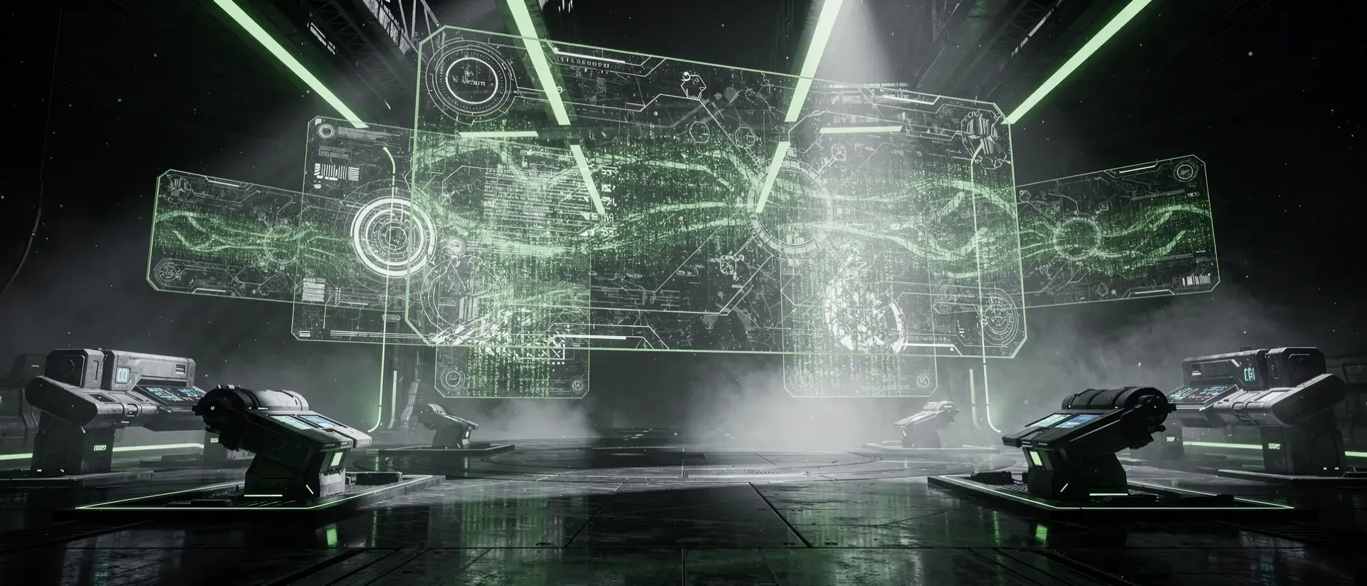 Ein futuristisches Cyberpunk-Kommandozentrum mit leuchtenden neongrünen Hologrammen und digitalen Datenströmen auf dunklen Metalloberflächen.