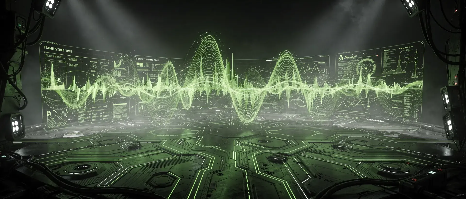 Ein futuristisches Cyberpunk-Labor mit einem schwebenden, neongrünen holografischen Dateninterface und komplexen Wellenformen in einer dunklen Umgebung.