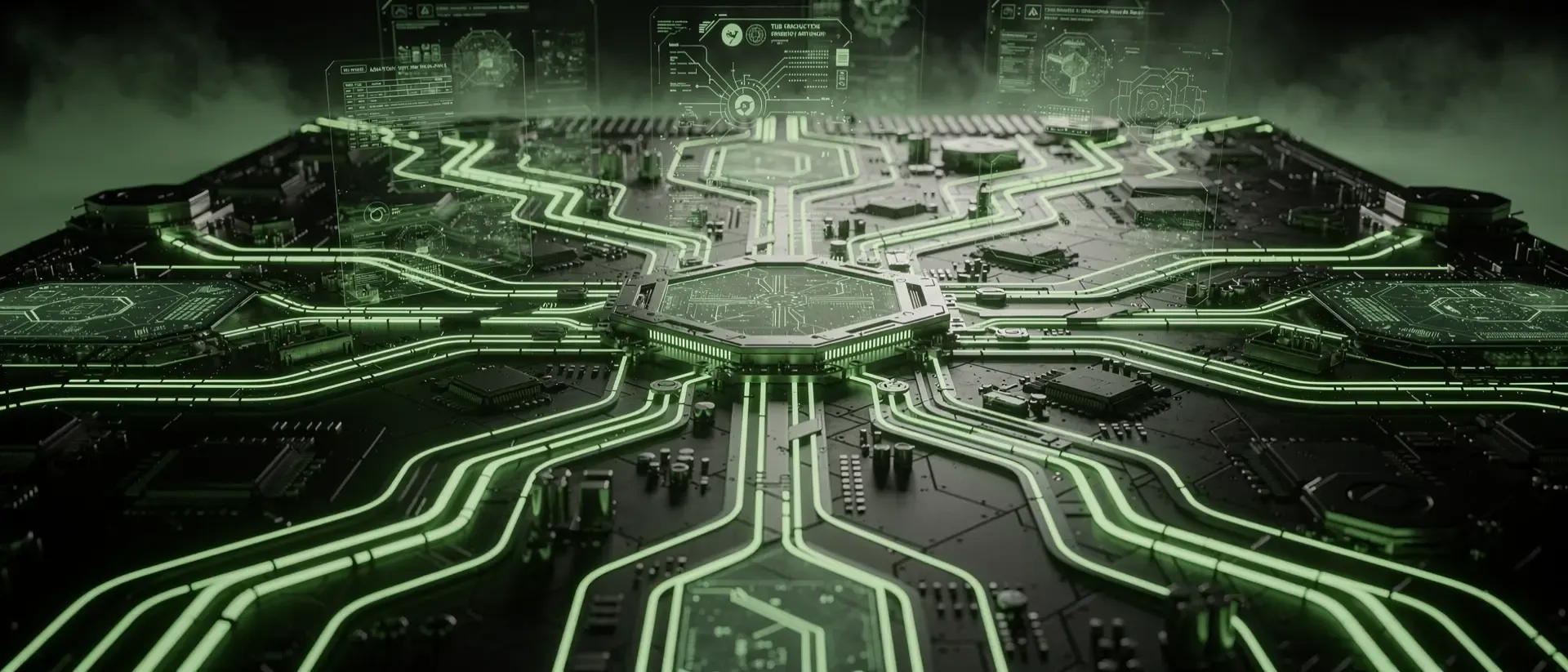 Makroaufnahme eines futuristischen Cyberpunk-Motherboards mit leuchtend neongrünen Energiebahnen auf mattschwarzem Obsidian unter düsterer Atmosphäre.