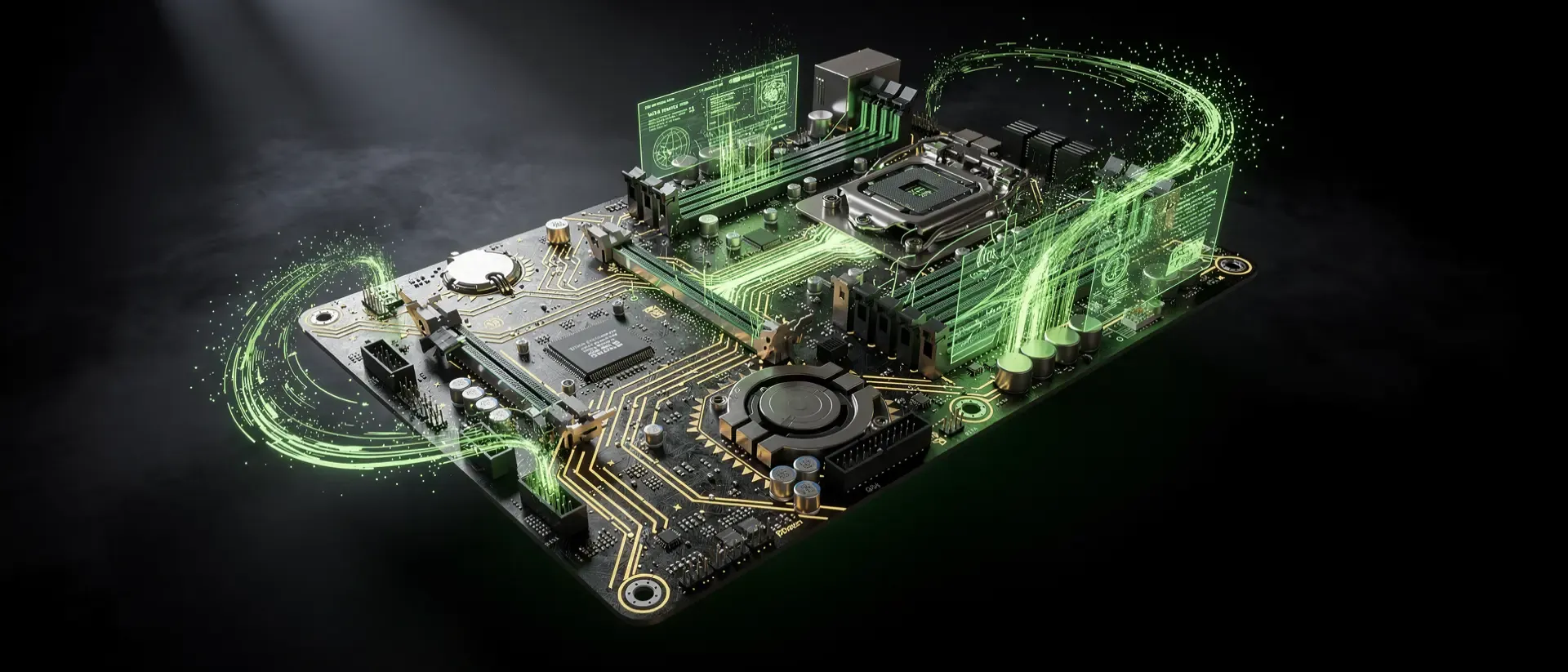 Ein futuristisches Computer-Mainboard schwebt in einer dunklen Cyberpunk-Laborumgebung mit leuchtenden neongrünen Schaltkreisen und Hologrammen.