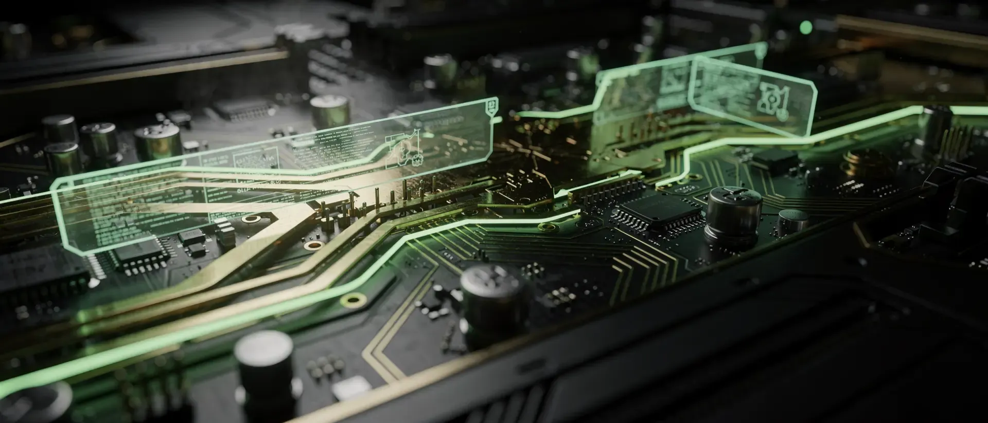 Makroaufnahme einer futuristischen Cyberpunk-Platine mit leuchtend neongrünen Schaltkreisen, goldenen Leitungen und holografischen Datenströmen.