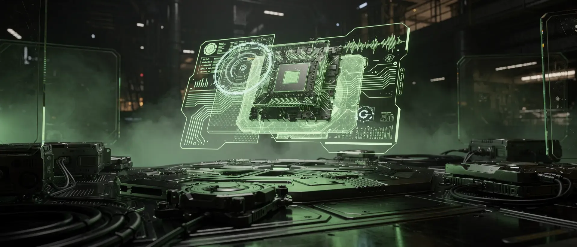 Futuristische Cyberpunk-Diagnosestation mit einem schwebenden, neongrünen holografischen Interface in einer dunklen, industriellen Umgebung.