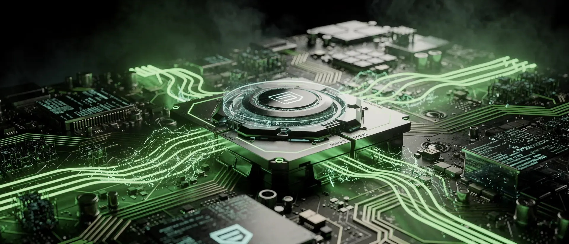 Makroaufnahme einer futuristischen Blackwell-GPU mit leuchtend neongrünen Energieströmen, komplexen Schaltkreisen und einem holografischen Kern.