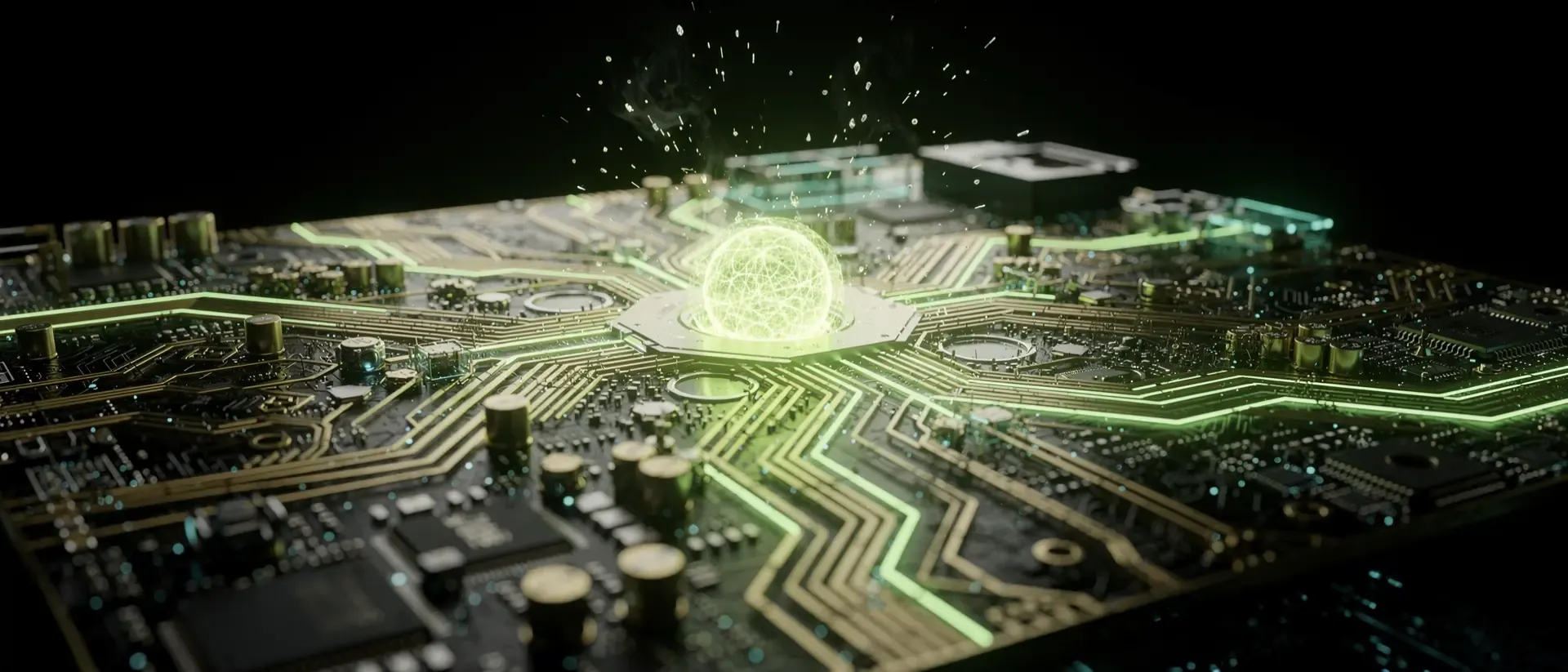 Cinematische Nahaufnahme einer futuristischen GPU mit leuchtenden neongrünen Energieimpulsen und einem glühenden Plasma-Hotspot auf schwarzem Grund.