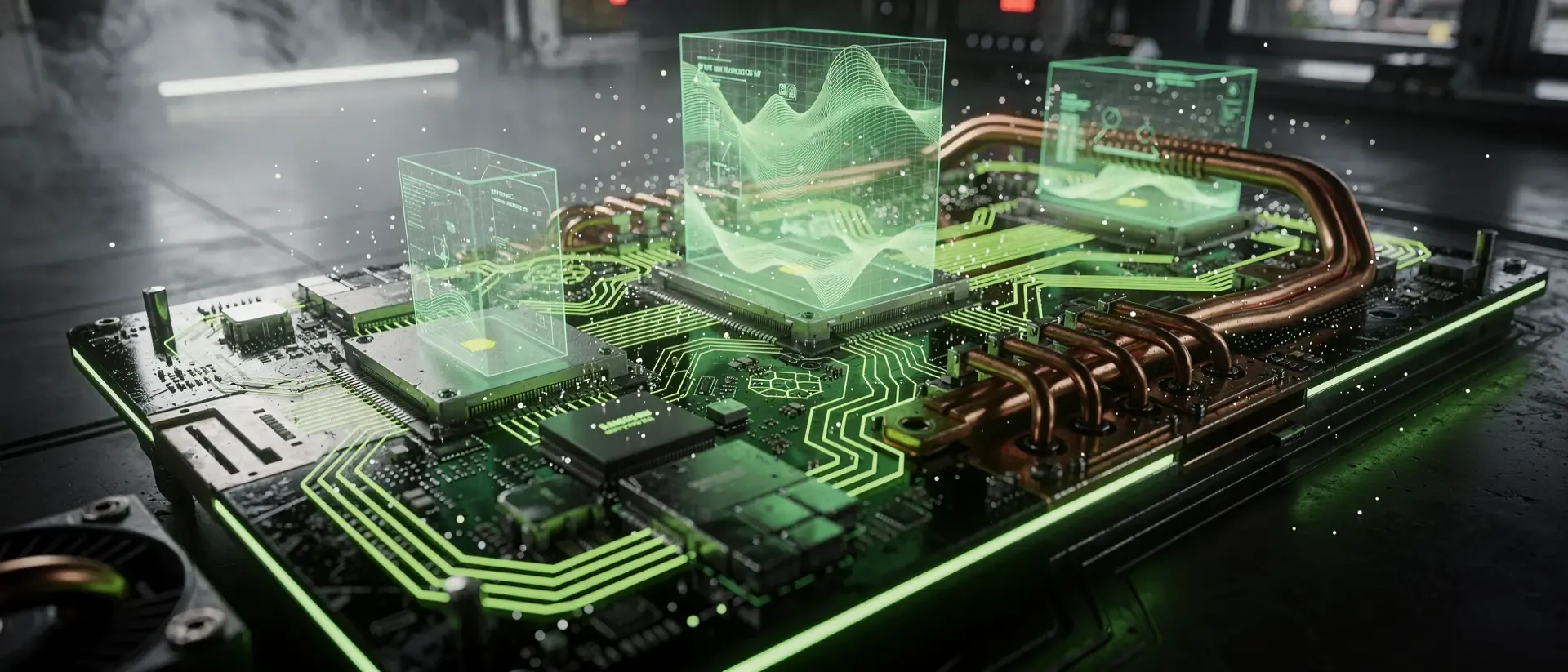 Extremer Nahaufnahme einer futuristischen GPU in einem Cyberpunk-Labor mit leuchtenden neongrünen Schaltkreisen, holografischen Wärmekarten und Partikeln.