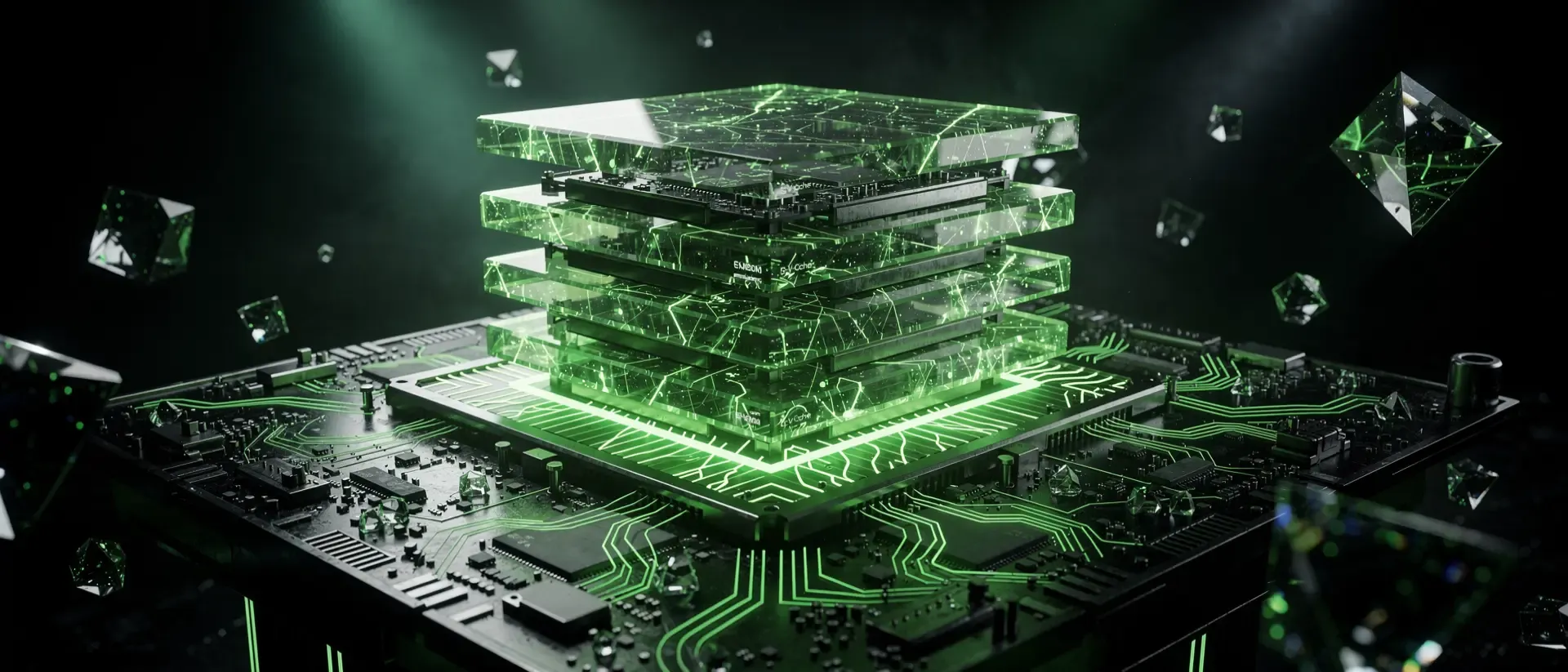 Ein futuristischer, leuchtend grüner CPU-Prozessor mit kristallinen Strukturen und pulsierenden Energieflüssen in einem dunklen Cyberpunk-Stil.