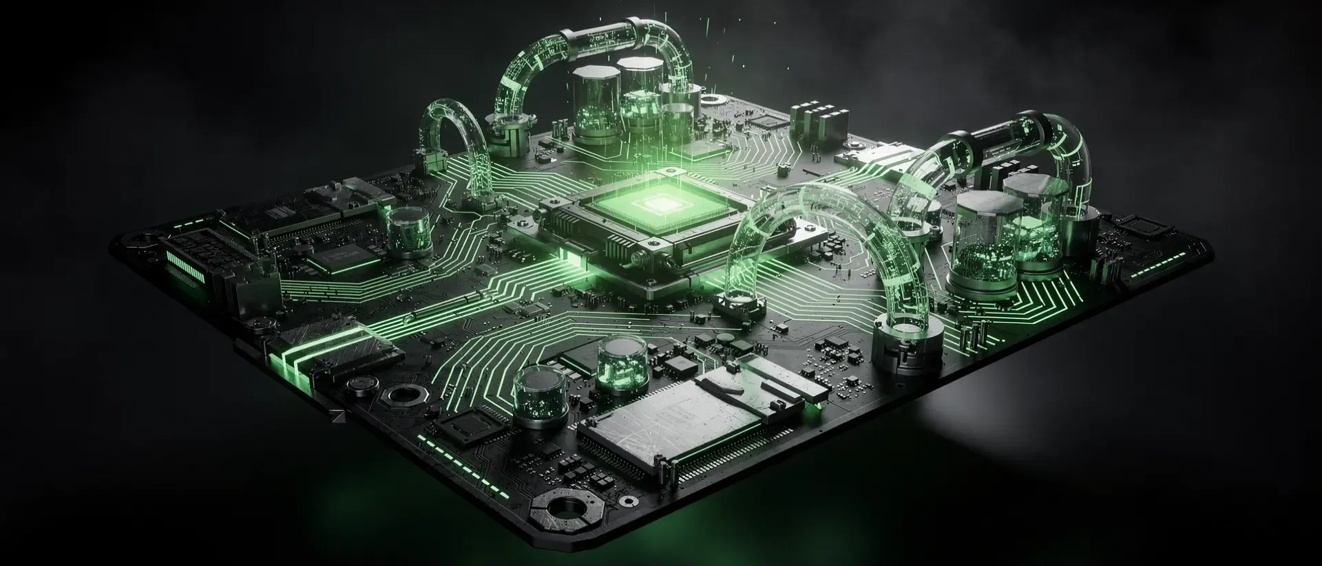 Futuristische Cyberpunk-Motherboard in der Dunkelheit mit leuchtend neongrünen Schaltkreisen, einem glühenden CPU-Sockel und holografischen Details.