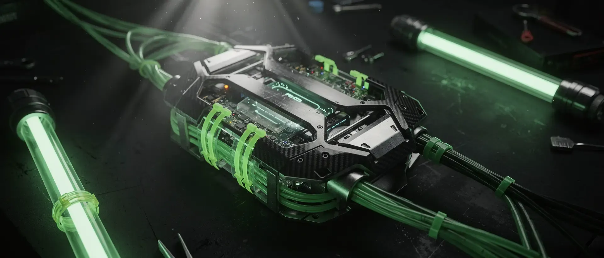Nahaufnahme einer futuristischen Cyberpunk-Werkbank mit leuchtend neongrünen Kabeln und komplexer Mechanik auf dunklem Carbon-Untergrund.