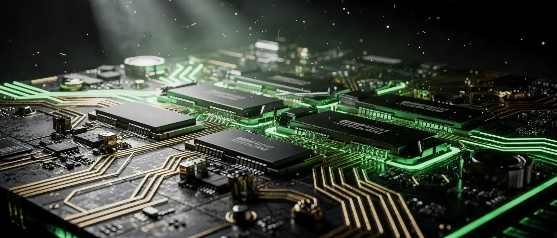 Makroaufnahme einer futuristischen Cyberpunk-Platine mit leuchtend neongrünen Energiebahnen und goldenen Leitungen auf einer schwarzen Hardware.