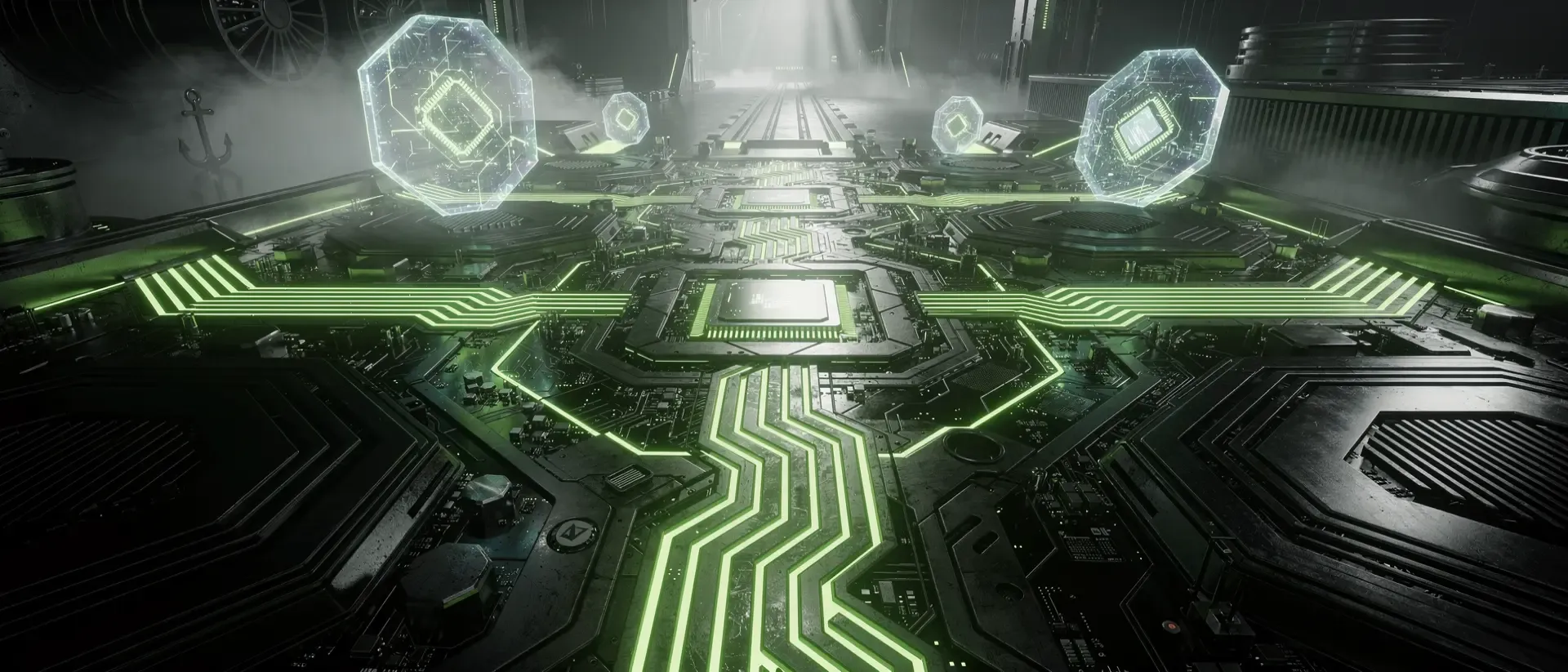 Futuristische GPU-Architektur mit leuchtend neongrünen Energieimpulsen, schwebenden Hologrammen und kristallinen Mikrochips auf dunklem Metall.