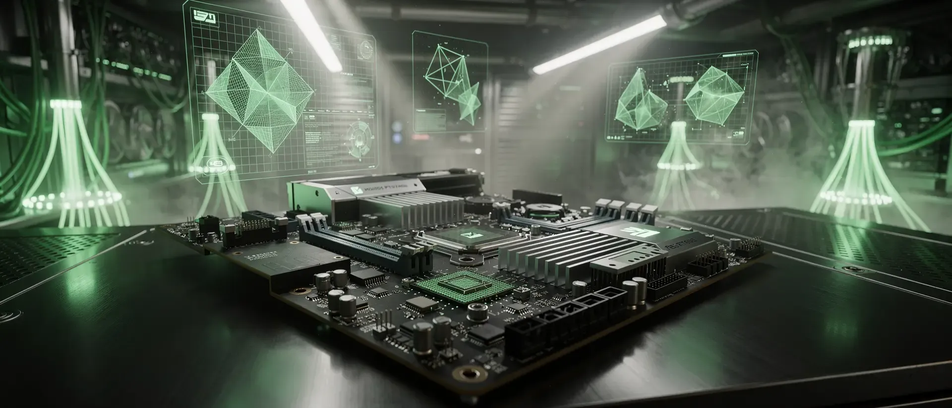 Eine zerlegte Grafikkarte auf einer metallischen Werkbank in einer futuristischen Cyberpunk-Werkstatt mit neongrünen Hologrammen und Leuchteffekten.