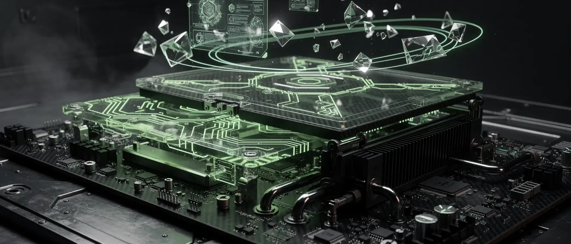 Futuristische, mit neon-grünem Licht leuchtende Gaming-Hardware mit flüssigkeitsgekühlten Komponenten und digitalen Datenströmen in tiefem Schwarz.