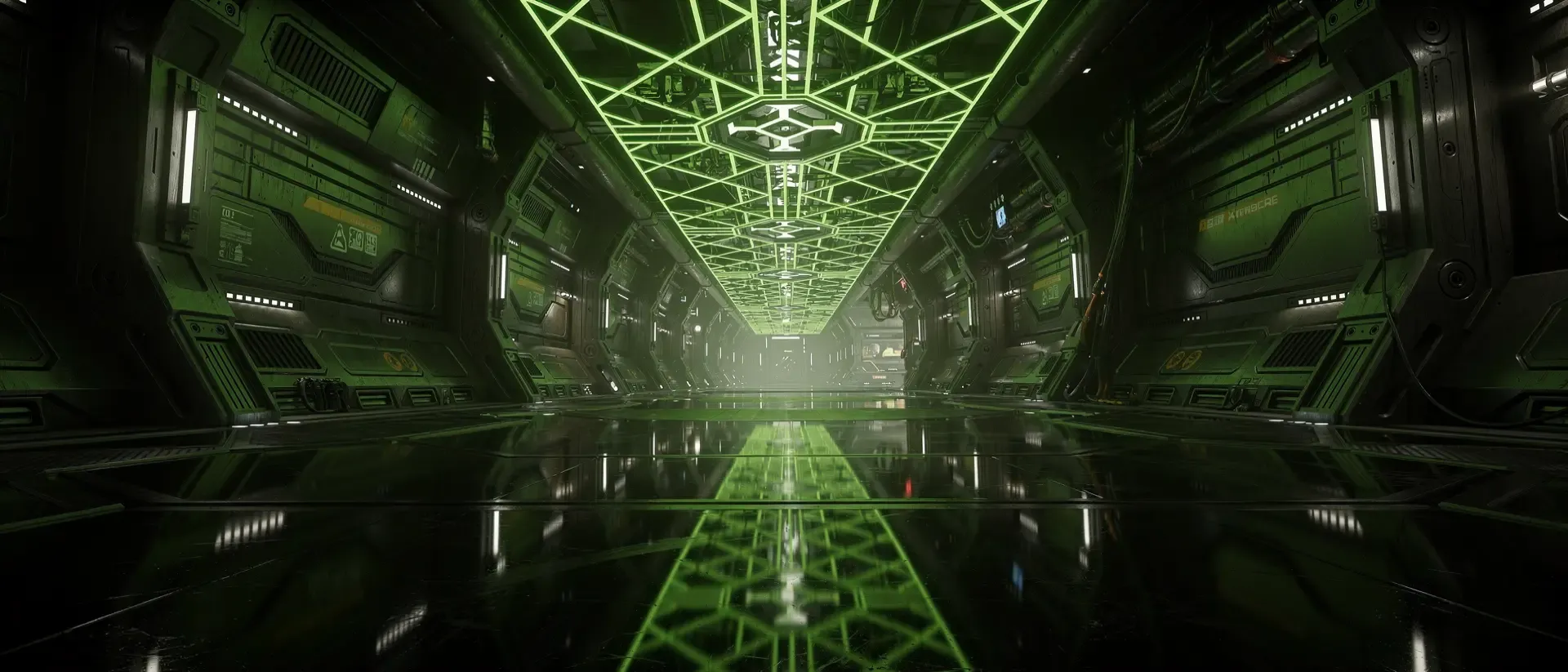Futuristischer Cyberpunk-Korridor aus Obsidian-Glas mit neon-grünen Lichtakzenten und hochreflektierenden Bodenflächen in dunkler Atmosphäre.