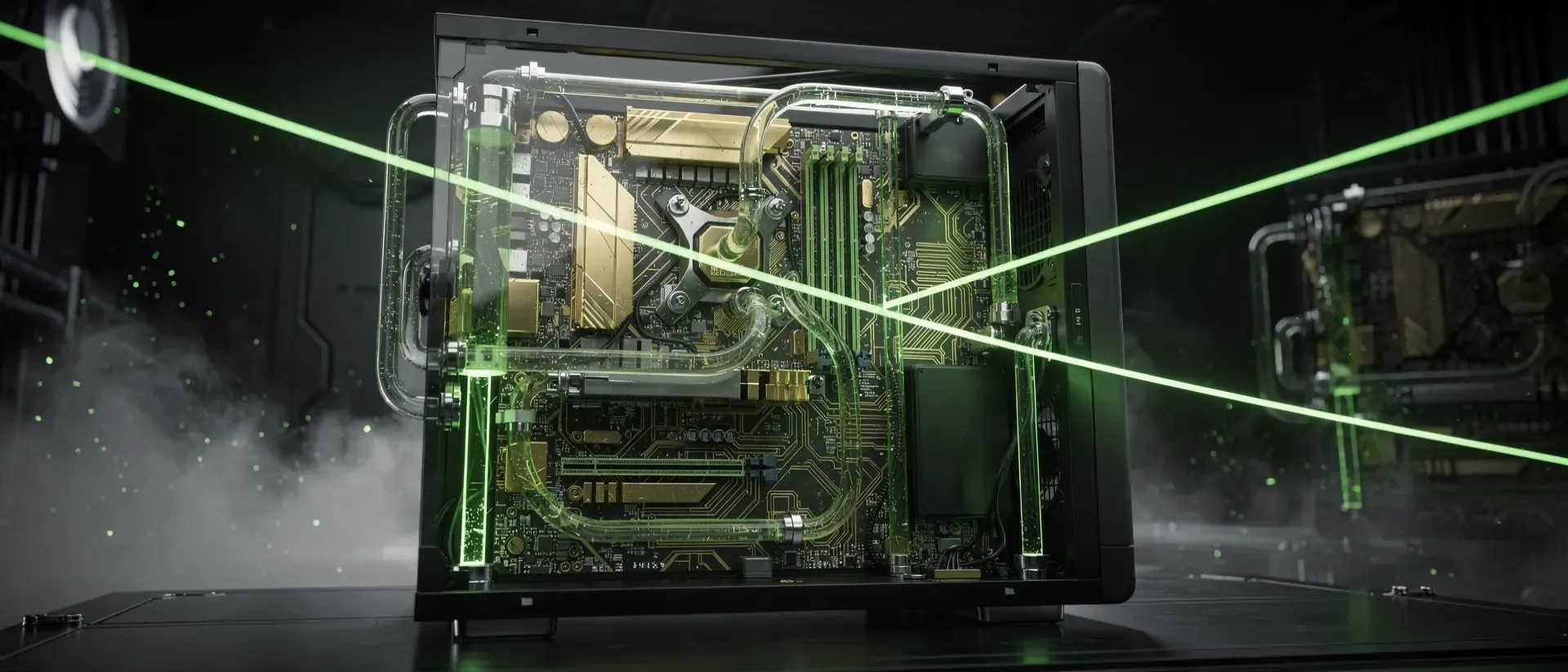 Ein futuristisches Cyberpunk-Labor mit einem schwebenden, neongrünen holografischen GPU-Prozessor über einer dunklen, metallischen Schaltkreisoberfläche.
