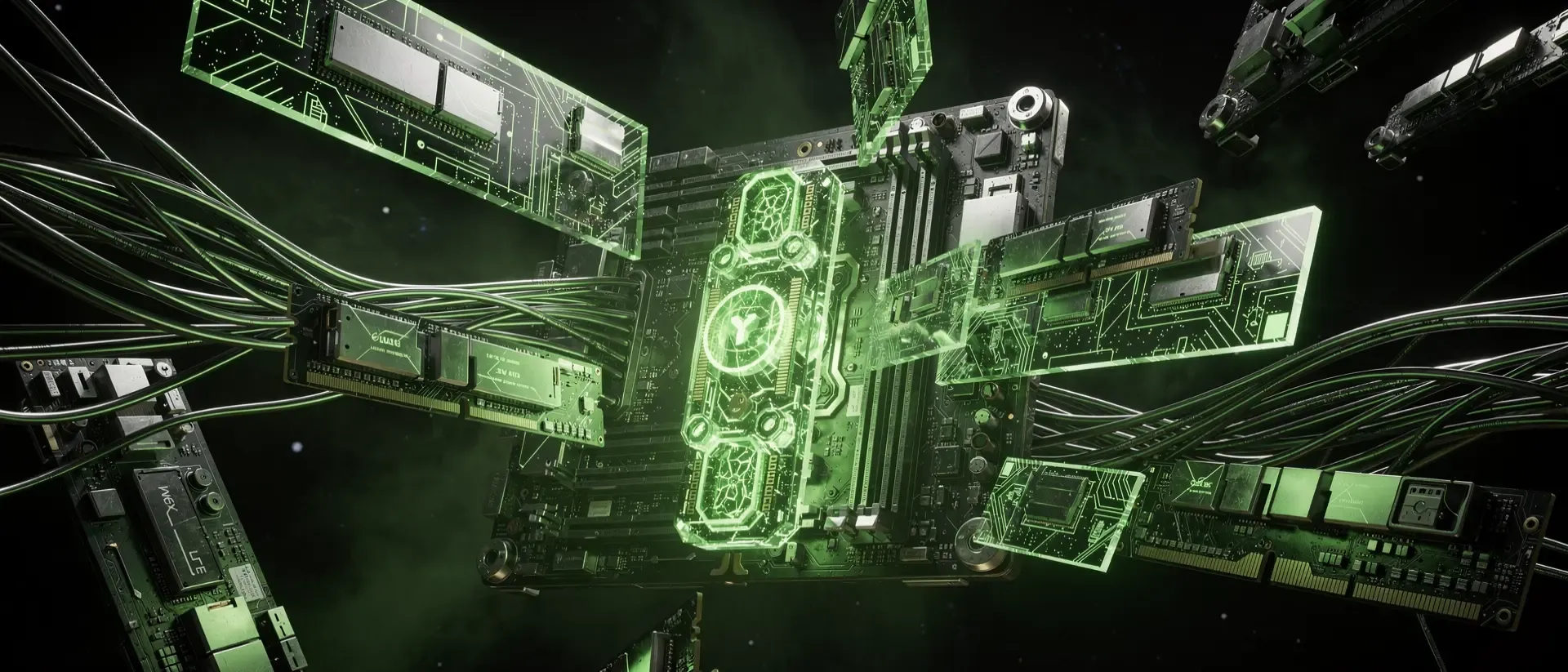 Futuristisches Cyberpunk-Labor mit schwebenden, neongrün leuchtenden Computerkomponenten und holografischen Schaltkreisen in einer dunklen Schwerelosigkeit.