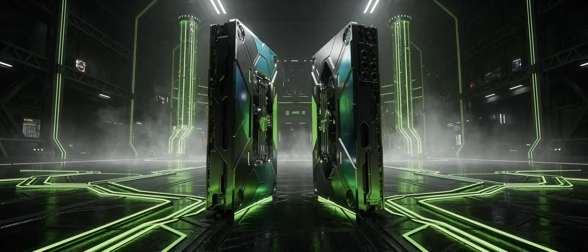 Zwei futuristische, monolithische GPU-Komponenten gegenübergestellt in einem dunklen Cyberpunk-Hangar mit leuchtend neongrünen Schaltkreisen und Nebel.