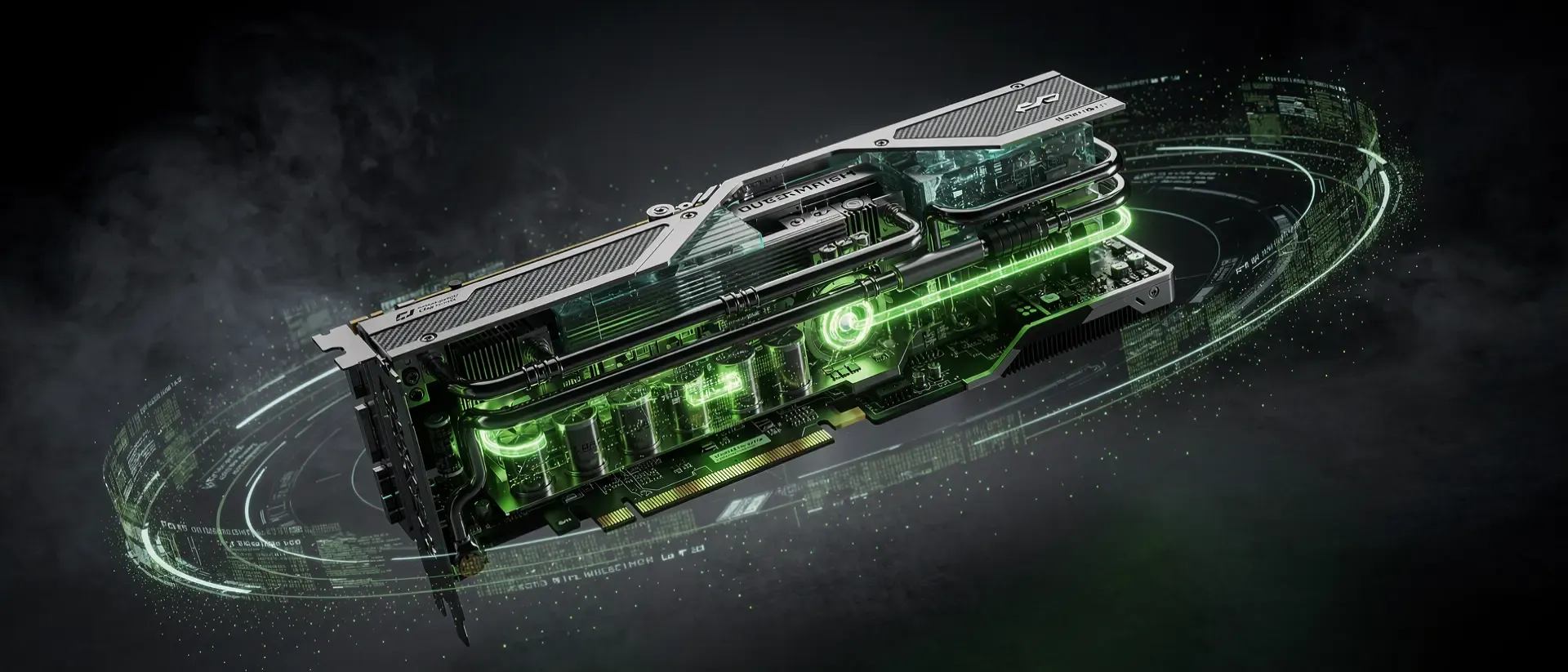 Futuristische Cyberpunk-Grafikkarte mit leuchtend neongrünen Plasma-Effekten, glühenden Schaltkreisen und schwebenden Hologrammen in dunkler Atmosphäre.