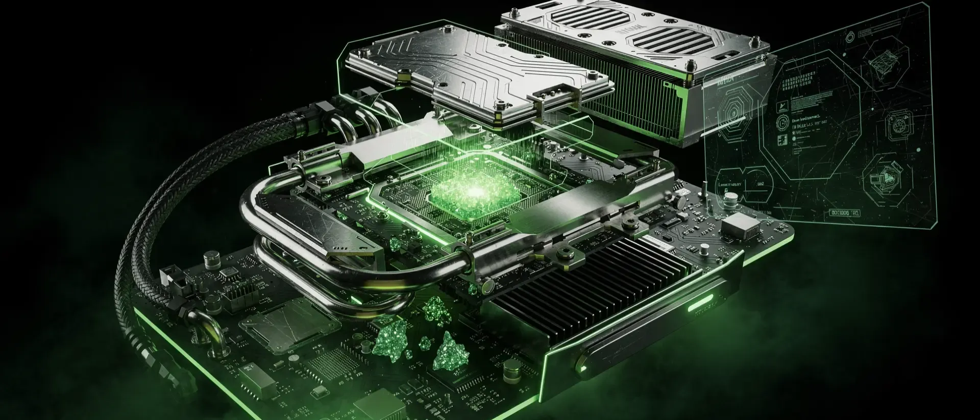 Ein zerlegtes, futuristisches CPU-Kühlsystem schwebt in einem dunklen Cyberpunk-Raum mit leuchtend neon-grünen Energiepulsen und Hologrammen.