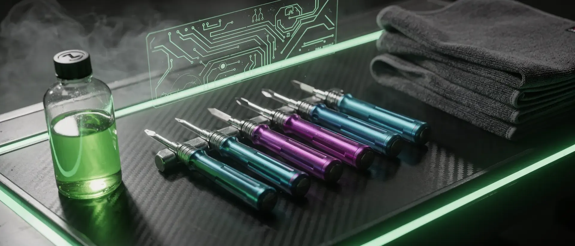 Nahaufnahme eines futuristischen Cyberpunk-Arbeitsplatzes mit Werkzeugen, Glasflaschen und Mikrofasertüchern auf dunklem Carbon unter grünem Neonlicht.