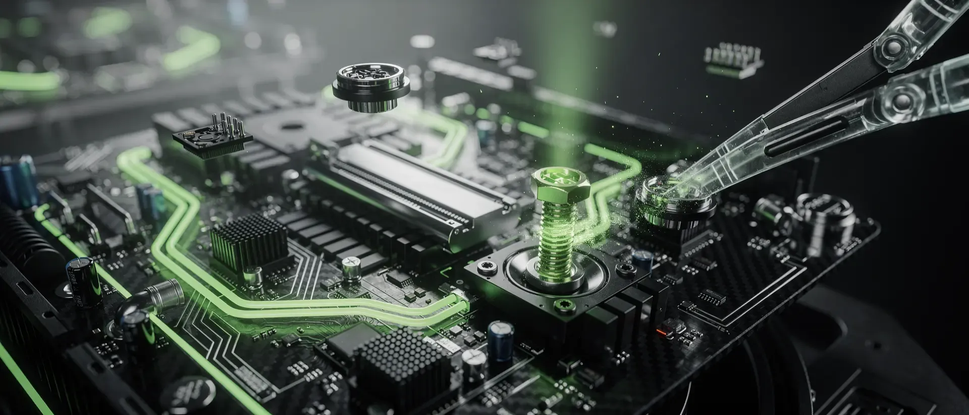 Extreme Nahaufnahme eines futuristischen Cyberpunk-Mainboards mit leuchtend neongrünen Schaltkreisen, während ein Roboterwerkzeug eine Schraube löst.
