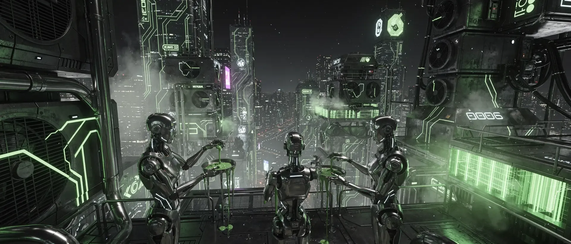 Futuristische Cyberpunk-Metropole bei Nacht mit neon-grünen Hologrammen, leuchtenden Schaltkreisen und Roboterfiguren in nebliger Atmosphäre.