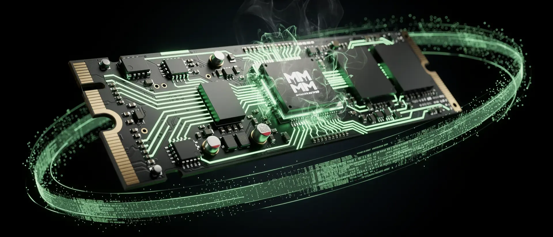 Makroaufnahme einer futuristischen M.2 NVMe SSD, die in einem dunklen Raum mit leuchtend neongrünen Schaltkreisen und holografischen Datenströmen schwebt.