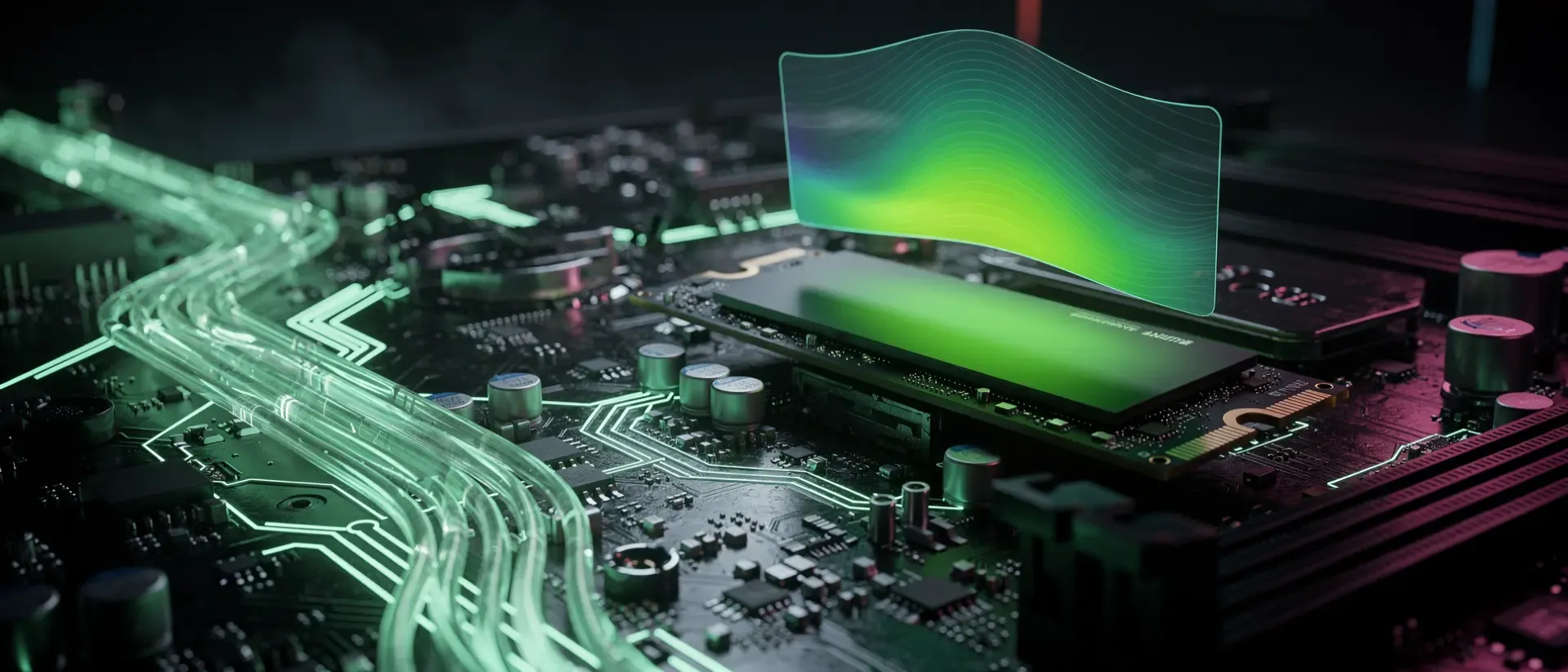 Nahaufnahme einer futuristischen M.2 NVMe SSD auf einem dunklen Motherboard mit leuchtend neongrünen Schaltkreisen und einer holografischen Wärmekarte.