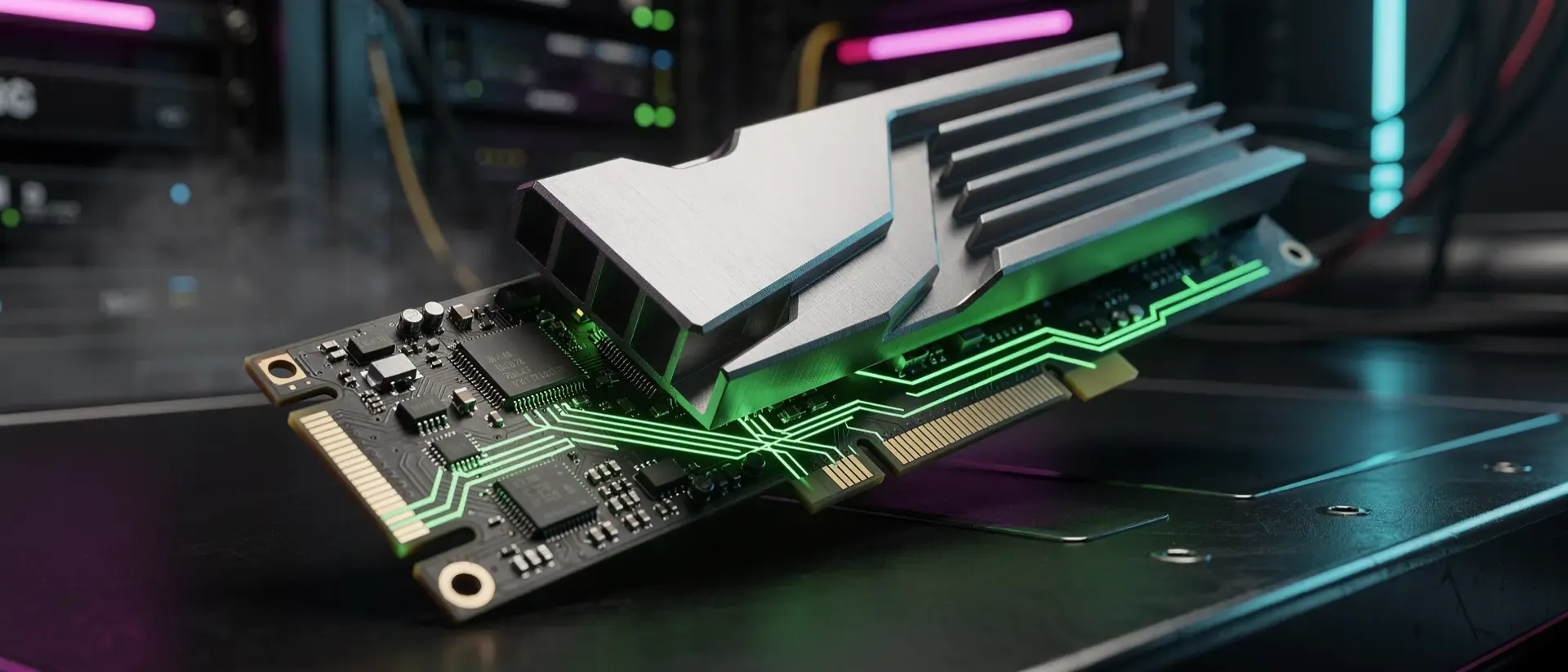 Nahaufnahme einer futuristischen M.2 NVMe SSD mit gebürstetem Aluminium-Kühlkörper und leuchtend neongrünen Schaltkreisen in einem Cyberpunk-Labor.