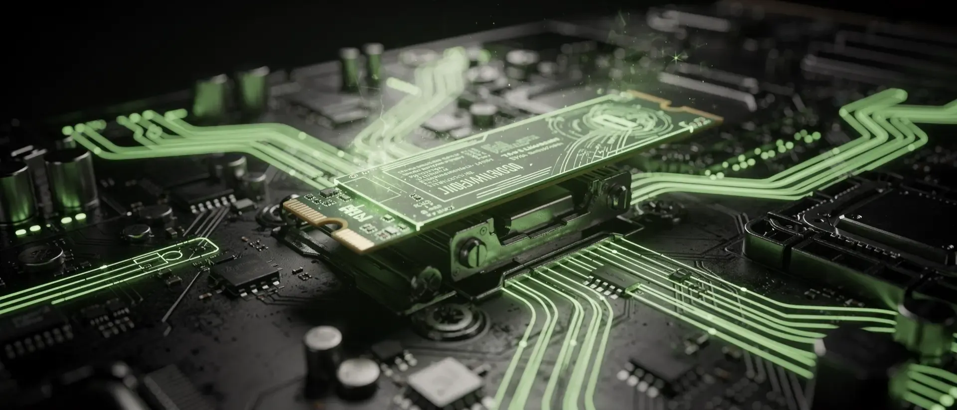 Nahaufnahme einer futuristischen, neon-grünen M.2 SSD, die in ein Cyberpunk-Mainboard mit pulsierenden Lichteffekten und dunklen Metalltexturen eingesetzt wird.